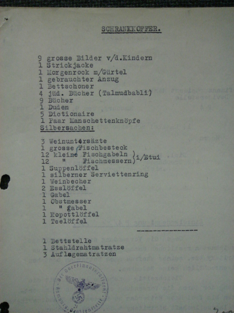 List of items Opi declared upon leaving Germany in 1939. Some of the items listed are Pictures, Talmud Bavli, books, dictionary's etc. You can see the Nazi stamp on the bottom approving the release. of the items