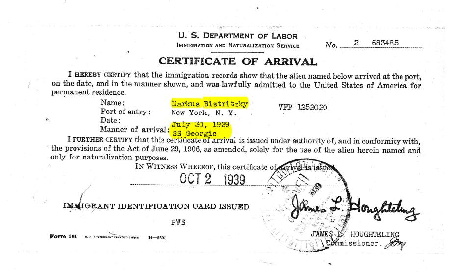 Bistritzky Certificate of Arrival